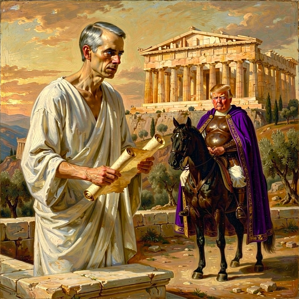 AI-generated neoclassical oil painting: in the foreground, a lean middle-aged man identifiable as Mark Carney in a white Greek himation holds a rolled papyrus scroll and addresses an unseen assembly from a stone bema; in the mid-ground a heavy-set figure identifiable as Donald Trump in a royal purple cloak with golden trim watches from horseback on a dark bay warhorse; the Parthenon stands on the Acropolis in the deep background under a golden-hour sky.