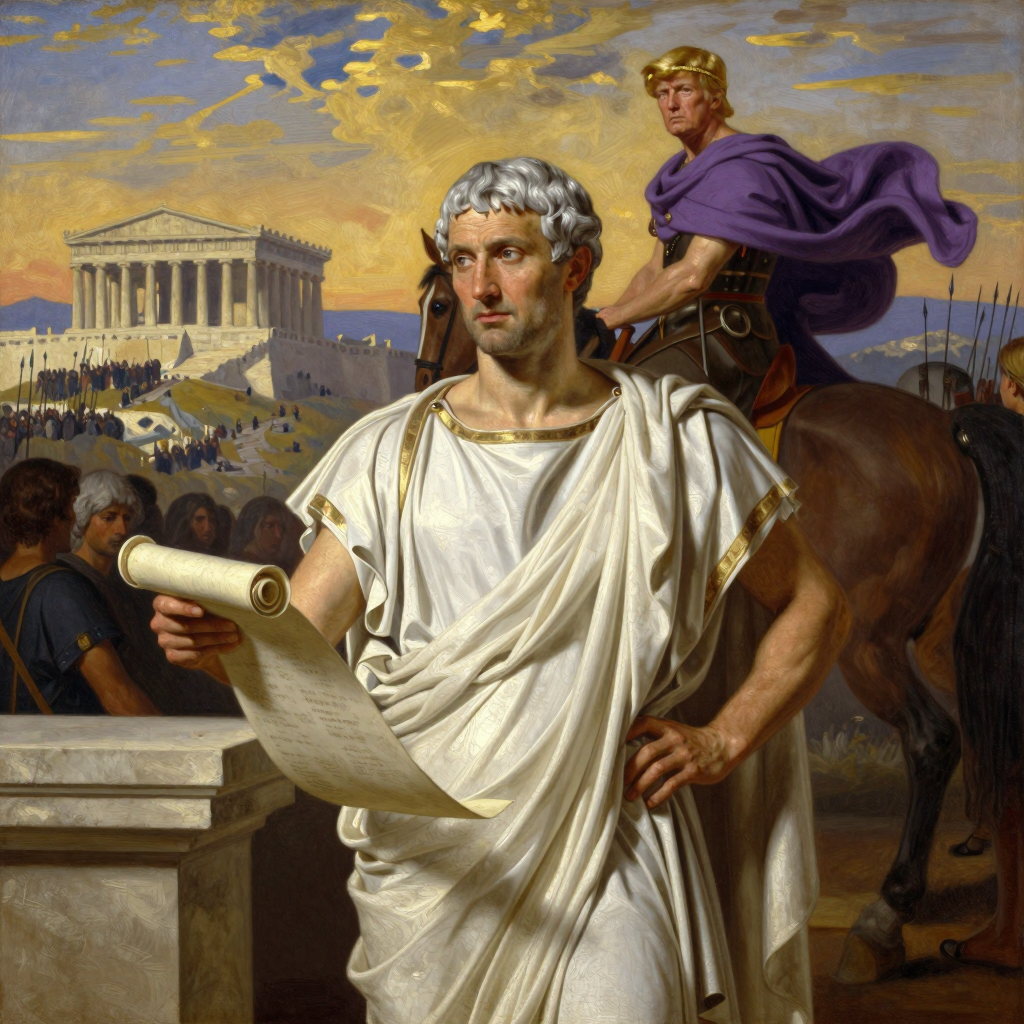 AI-generated neoclassical oil painting: in the foreground, a man in a white Greek himation holds a scroll and addresses an unseen assembly from a stone bema; in the mid-ground, a mounted figure in a purple cloak watches from horseback; the Parthenon stands on the Acropolis in the deep background under a golden sky.