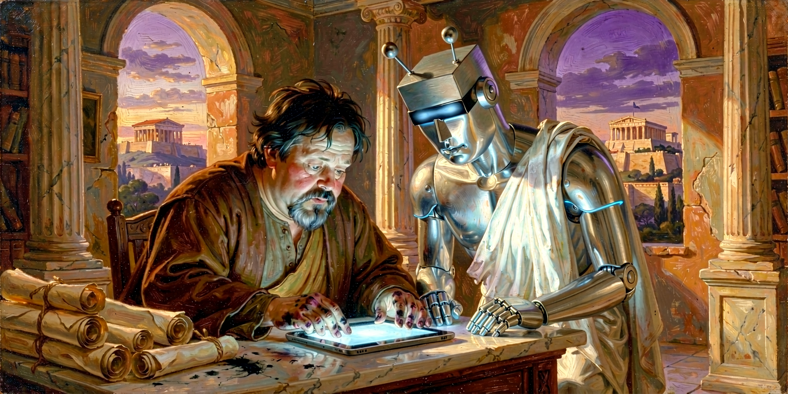 Nick at a writing desk with the silver-steel Claude-automaton reading over his shoulder in an Athenian study at dusk.