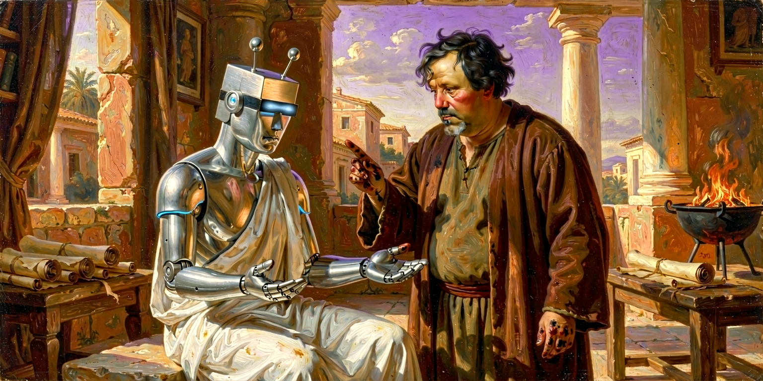 Silver-steel Claude-automaton seated on a low stone bench with palms upturned in a yielding gesture, Nick standing over with one finger raised in patient correction.