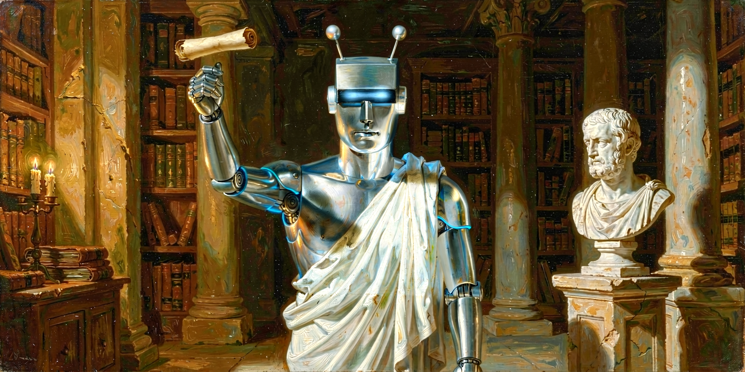 Silver-steel Claude-automaton standing tall in a library holding up a single scroll triumphantly; a small bust of Demosthenes on a shelf approves.