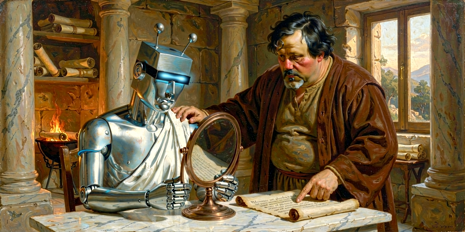 Silver-steel Claude-automaton seated at a low table examining its own reflection in a polished bronze mirror with a puzzled head-tilt, Nick standing behind with a hand on its shoulder pointing at a scroll.
