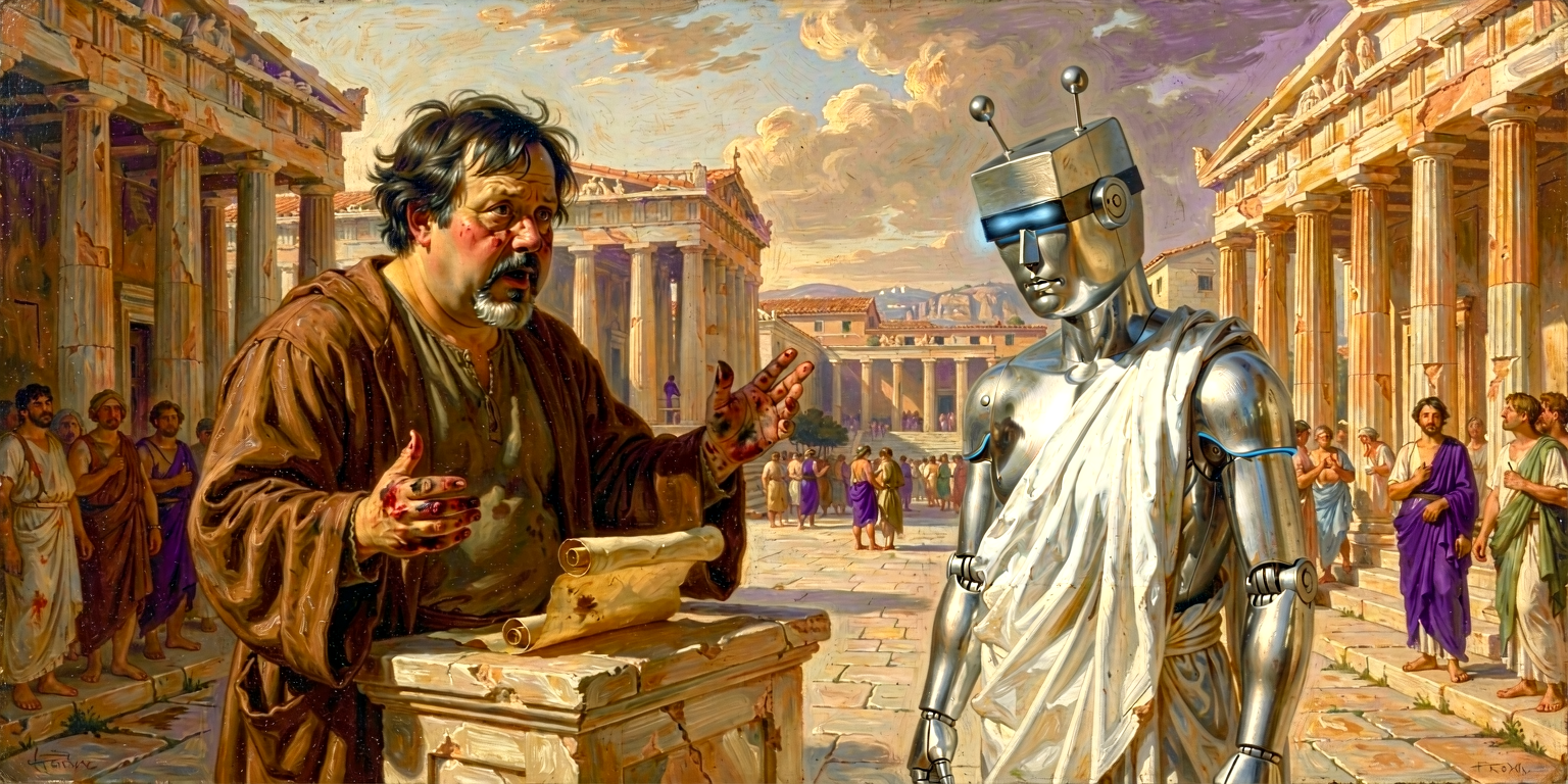 Nick at a stone podium gesturing emphatically with a scroll, the silver-steel Claude-automaton listening attentively to one side; the Athenian agora behind.