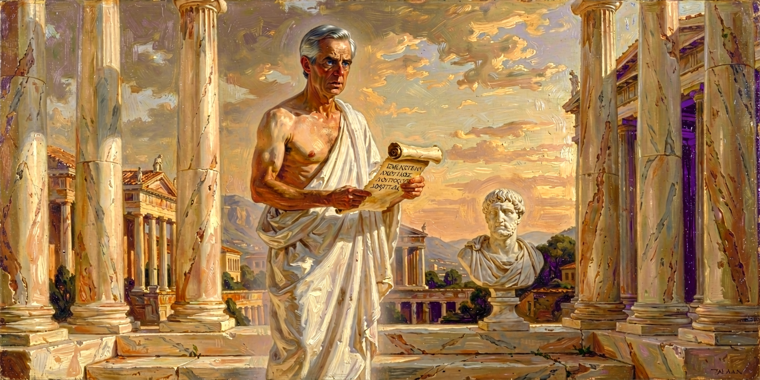 Carney on the bema delivering the alternative Greek exordium, scroll in Greek, a Demosthenes bust behind, the whole image faintly ghosted to mark the road not taken.