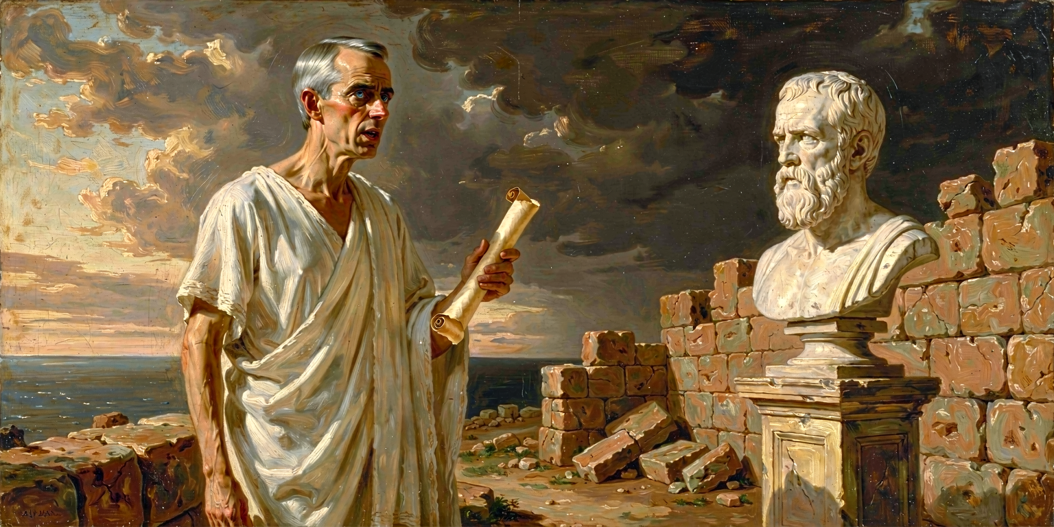 Carney mid-word on the bema quoting Thucydides, a large bust of Thucydides in the mid-ground, the ruined wall of Melos behind.