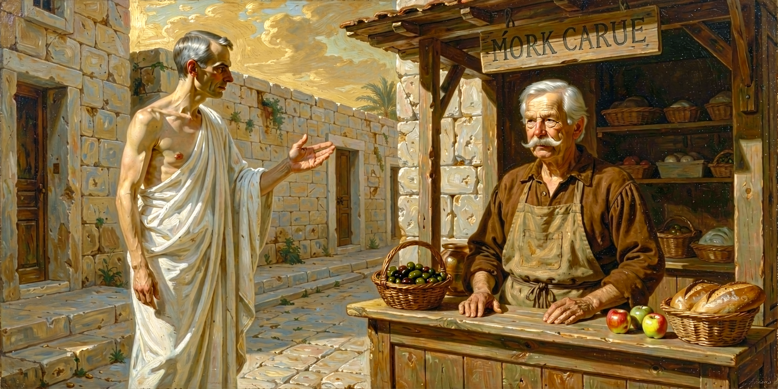 Carney introducing Vaclav Havel as the greengrocer on the bema; Havel holds his small shop sign at his side.