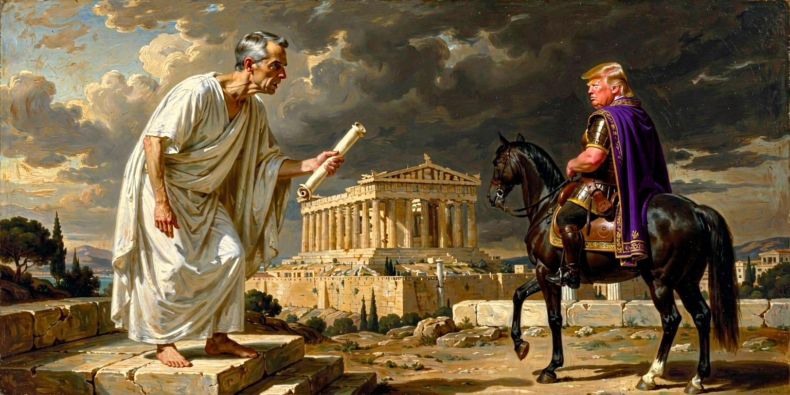 Carney leaning forward emphatically on the bema, scroll gripped firmly, Trump-Philip mounted but turned aside in the mid-ground, the Acropolis under a weather-darkened sky.