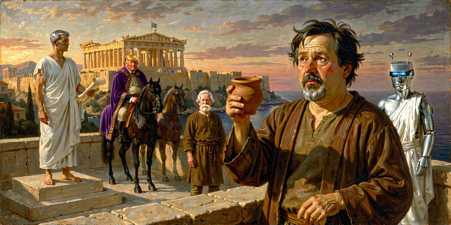 Nick in scholar's robe at a stone parapet at sunset raising a small cup in farewell; in the deep background Carney on his bema, Trump-Philip mounted at distance, and the silver-steel Claude-automaton, all small figures gathered behind the editor's parting word; Acropolis in golden light.