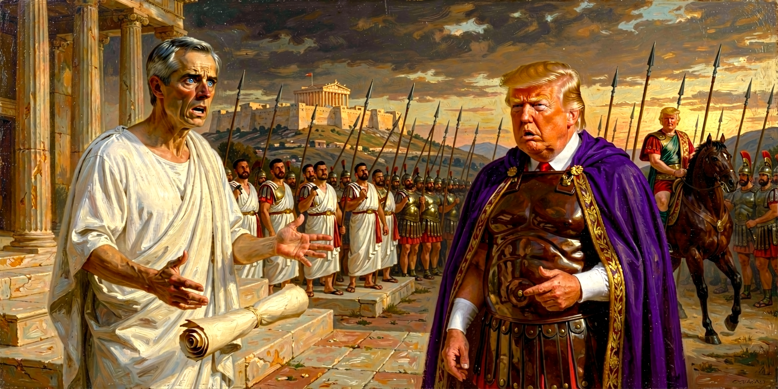 Carney on the bema gesturing in alarm toward Roman tribunes with fasces on a tribunal, threatened by an advancing Macedonian phalanx led by Trump-Philip; the rules-based order under siege.