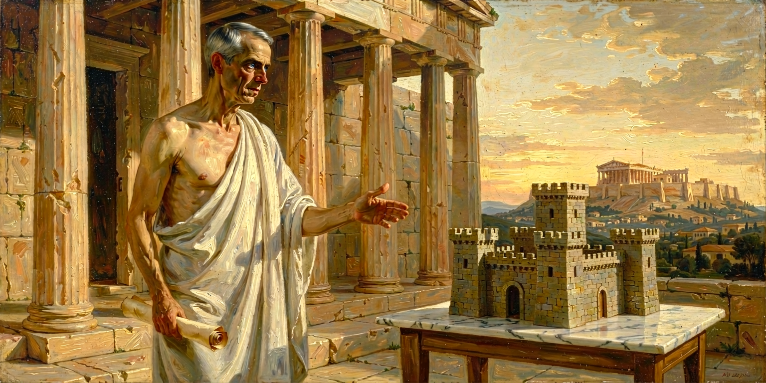 Carney on the bema gesturing in dismissal at a small stone fortress model on a low table, a hand reaching out from beyond it; against the doctrine of fortresses.