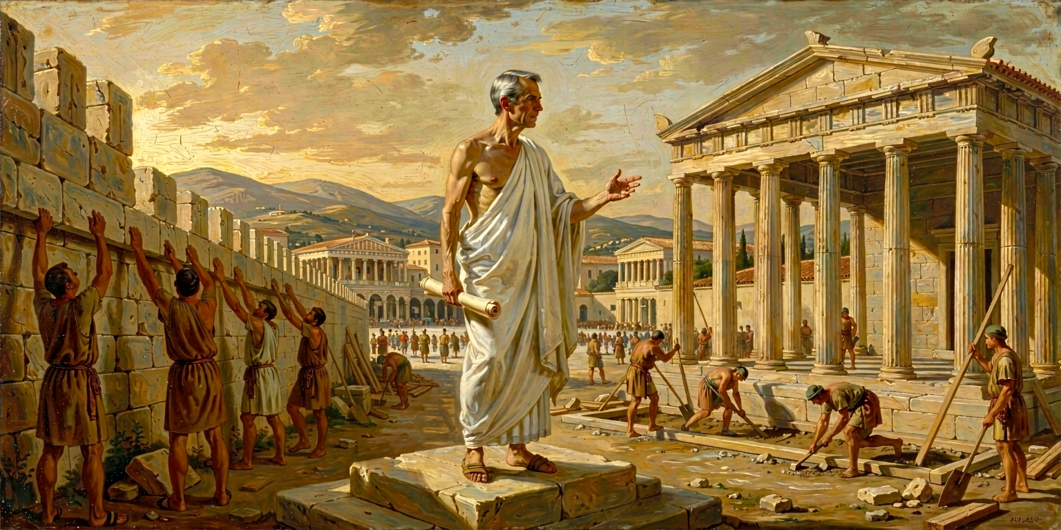 Carney on the bema gesturing toward an unfinished colonnaded portico at right and away from a fortress wall being raised at left; the choice posed by the closing question of section 32.