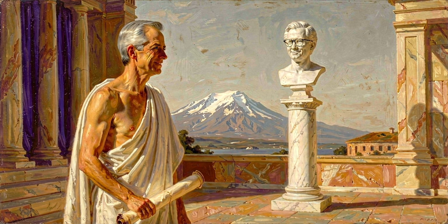 Carney on the bema looking with a small allusive smile toward a marble pillar topped with a bust of Alexander Stubb; a snow-capped mountain visible in the deep background.