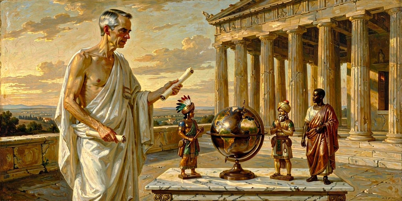 Carney standing tall behind a globe-model with arms extended in a gathering gesture over four small carved figures representing the four continents.