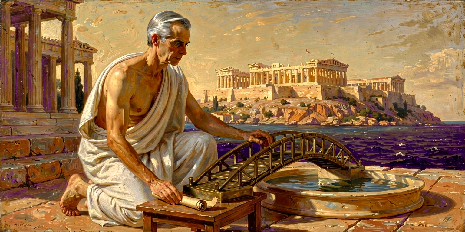 Carney half-kneeling beside a small bronze bridge model that spans two basins of water; the bridge between two seas.
