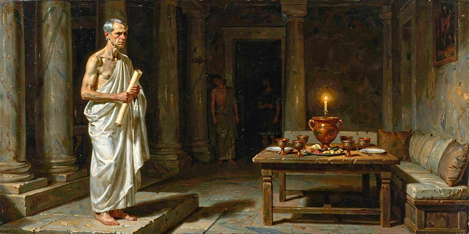 Carney standing very still on the bema, scroll held vertical at his chest, expression of grave disquiet; a Greek symposium table set with banquet vessels and an empty place setting in the mid-ground.