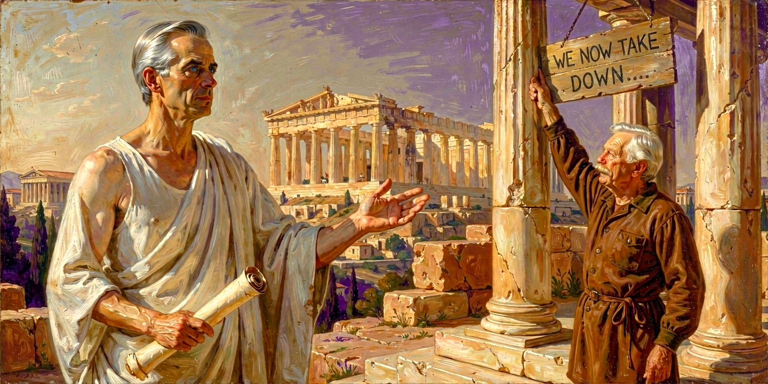 Carney on the bema acknowledging Vaclav Havel in the background reaching up to take down a hanging sign from a stone column; the dissident gesture enacted, callback to Post III.