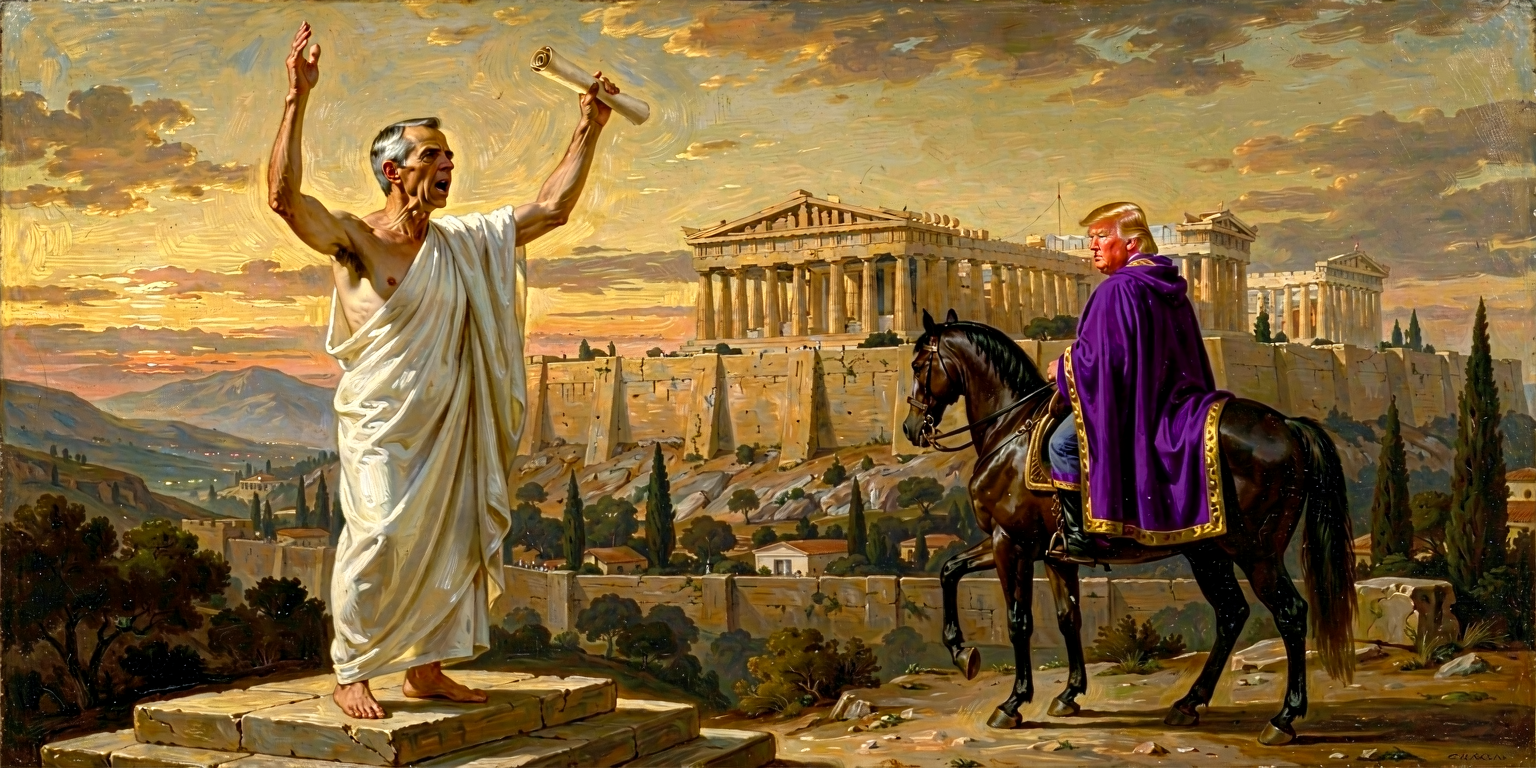 Carney in peroration stance on the bema with both arms raised in a closing gesture above his head, scroll catching the light; Trump-Philip distant but turning his horse away; ring-back to the cover.