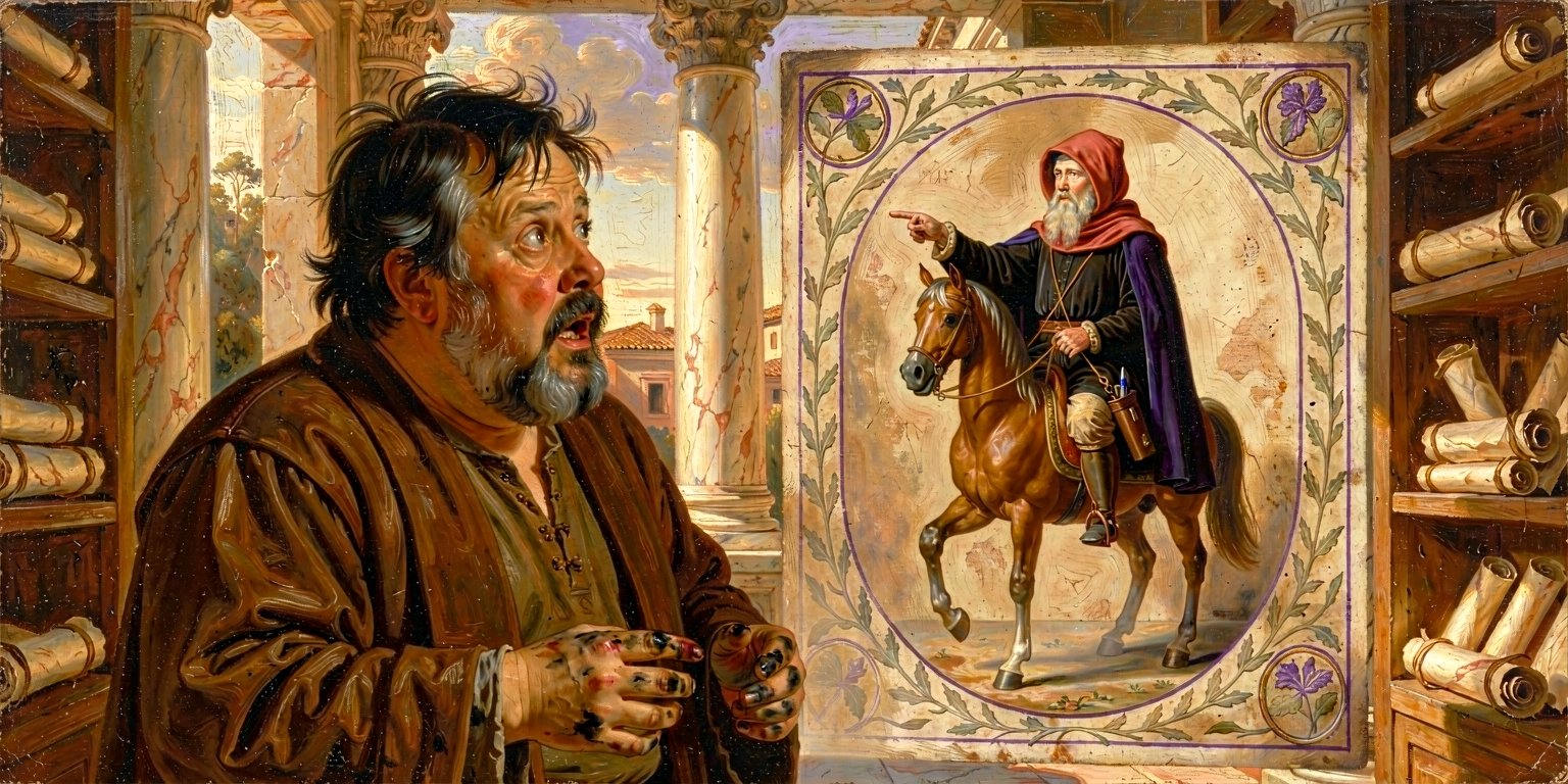 Nick in a brown scholar's robe looks in astonishment at the figure of Geoffrey Chaucer rendered in the Ellesmere Manuscript marginalia style — forked beard, mounted on horseback, pointing forward, pen-case at his neck — the Chaucer figure stepping translucently out of an illuminated manuscript margin into Nick's Athenian study.
