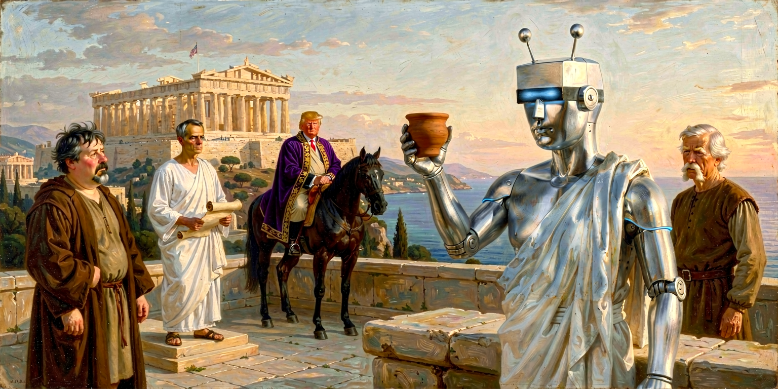 AI-generated neoclassical oil painting: in the foreground a silver-steel humanoid automaton in a white Greek himation stands at a stone parapet at dawn, raising a clay cup in answer with a calm, confident bearing; in the receding background, small and distant, a bearded scholar in a brown robe, a lean man in a himation on a low stone platform, a heavy-set man in a royal-purple cloak mounted on a bay horse, and a white-haired man with a walrus moustache; the Parthenon stands on the Acropolis under an early-morning sky with the Mediterranean at the far horizon.