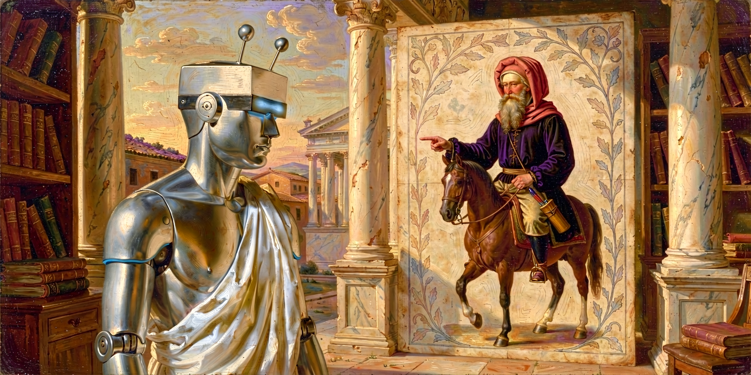 AI-generated neoclassical oil painting: in the foreground a silver-steel humanoid automaton in a white Greek himation stands in profile, regarding with a calm, pensive bearing the figure of Geoffrey Chaucer rendered in the Ellesmere-Manuscript marginalia style — mounted on a bay horse, forked beard, soft red rolled hood, pen-case at his neck, right hand raised pointing forward, framed by foliate vine ornament as if stepped from an illuminated margin; marble columns, bookshelves, and a Mediterranean temple in warm golden light behind.